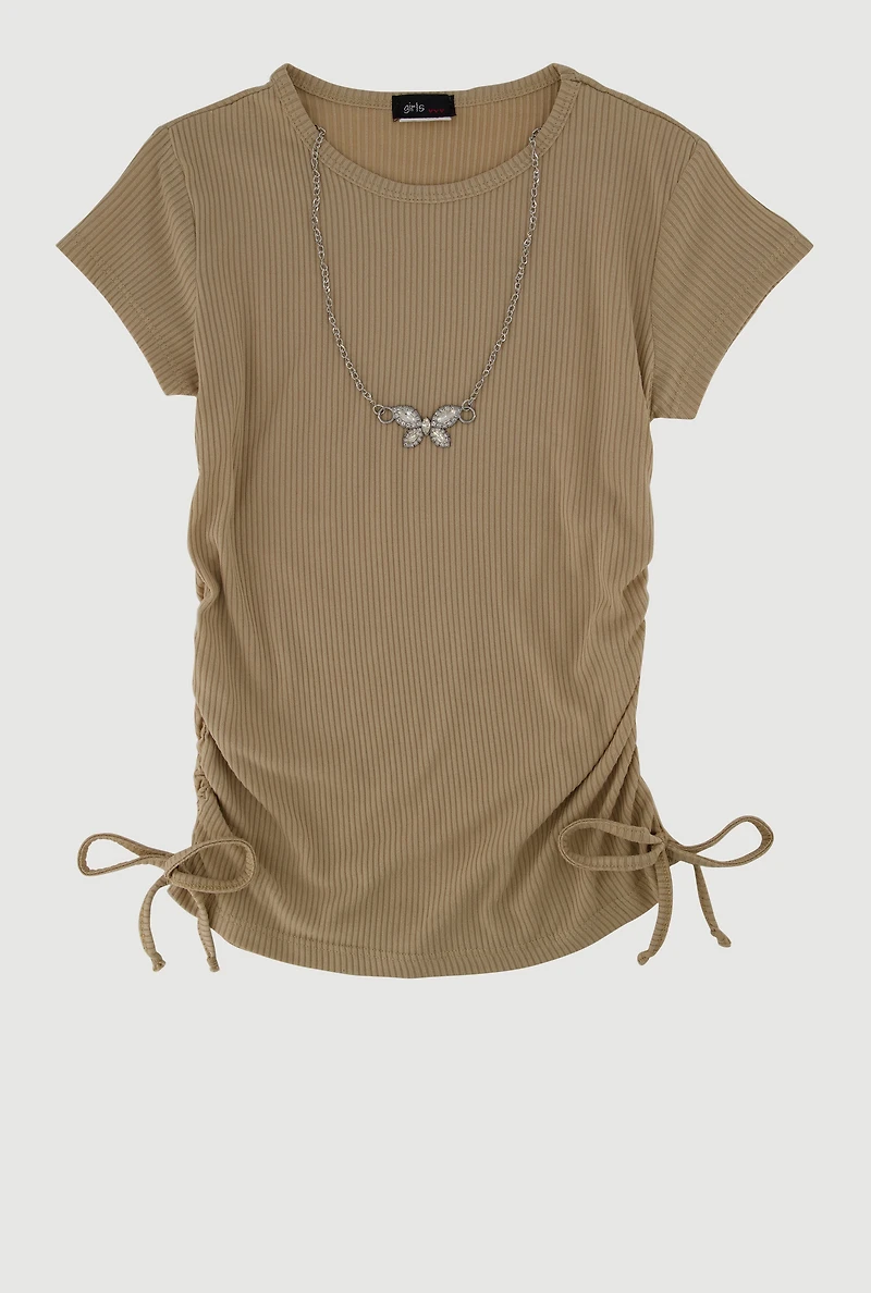 Girls Ribbed Knit Tee with Rhinestone Butterfly Necklace, Beige, Size 7-8