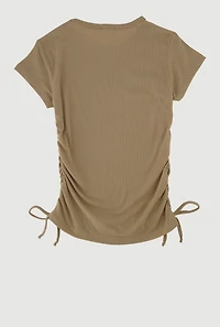 Girls Ribbed Knit Tee with Rhinestone Butterfly Necklace, Beige, Size 14-16
