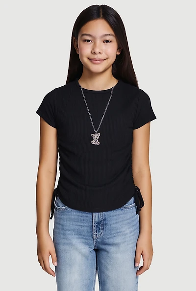 Girls Trendy Rib Knit Tee with Bear Chain Necklace,
