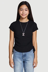 Girls Trendy Rib Knit Tee with Bear Chain Necklace, Black, Size 7-8