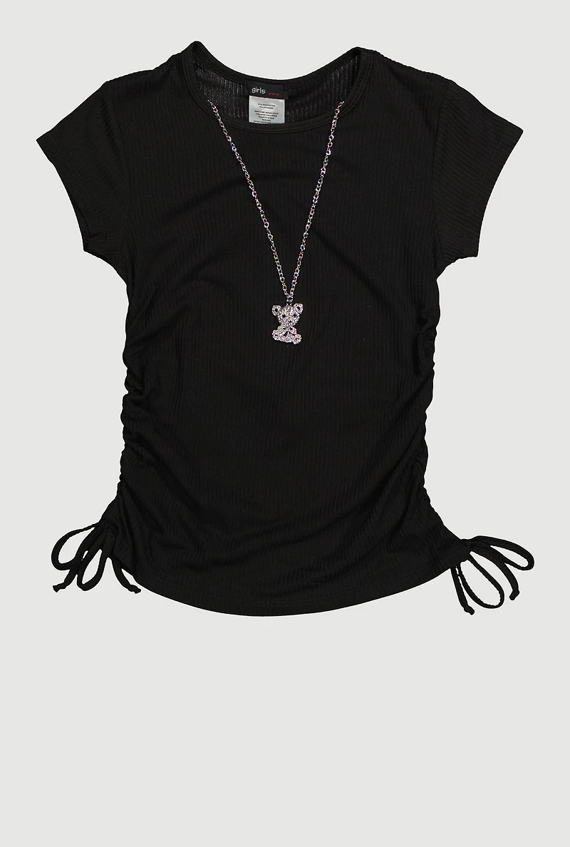 Girls Trendy Rib Knit Tee with Bear Chain Necklace, Black, Size 7-8