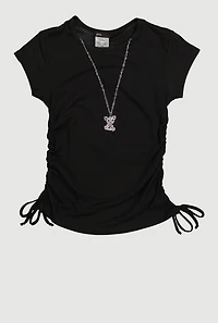Girls Trendy Rib Knit Tee with Bear Chain Necklace, Black, Size 7-8
