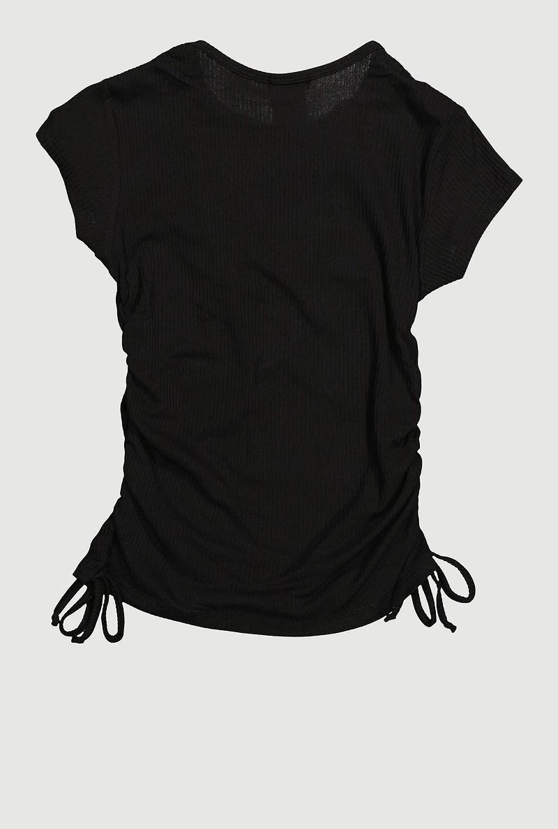 Girls Trendy Rib Knit Tee with Bear Chain Necklace, Black, Size 7-8