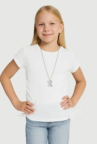 Girls Trendy Rib Knit Tee with Bear Chain Necklace