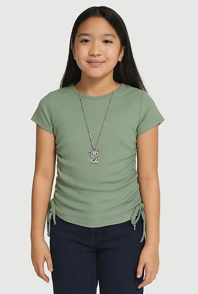 Girls Trendy Rib Knit Tee with Bear Chain Necklace,