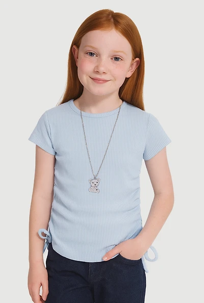 Girls Trendy Rib Knit Tee with Bear Chain Necklace, Blue,