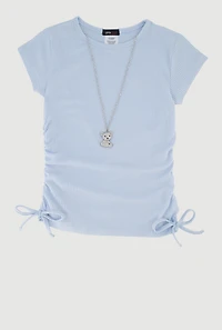 Girls Trendy Rib Knit Tee with Bear Chain Necklace, 14-16