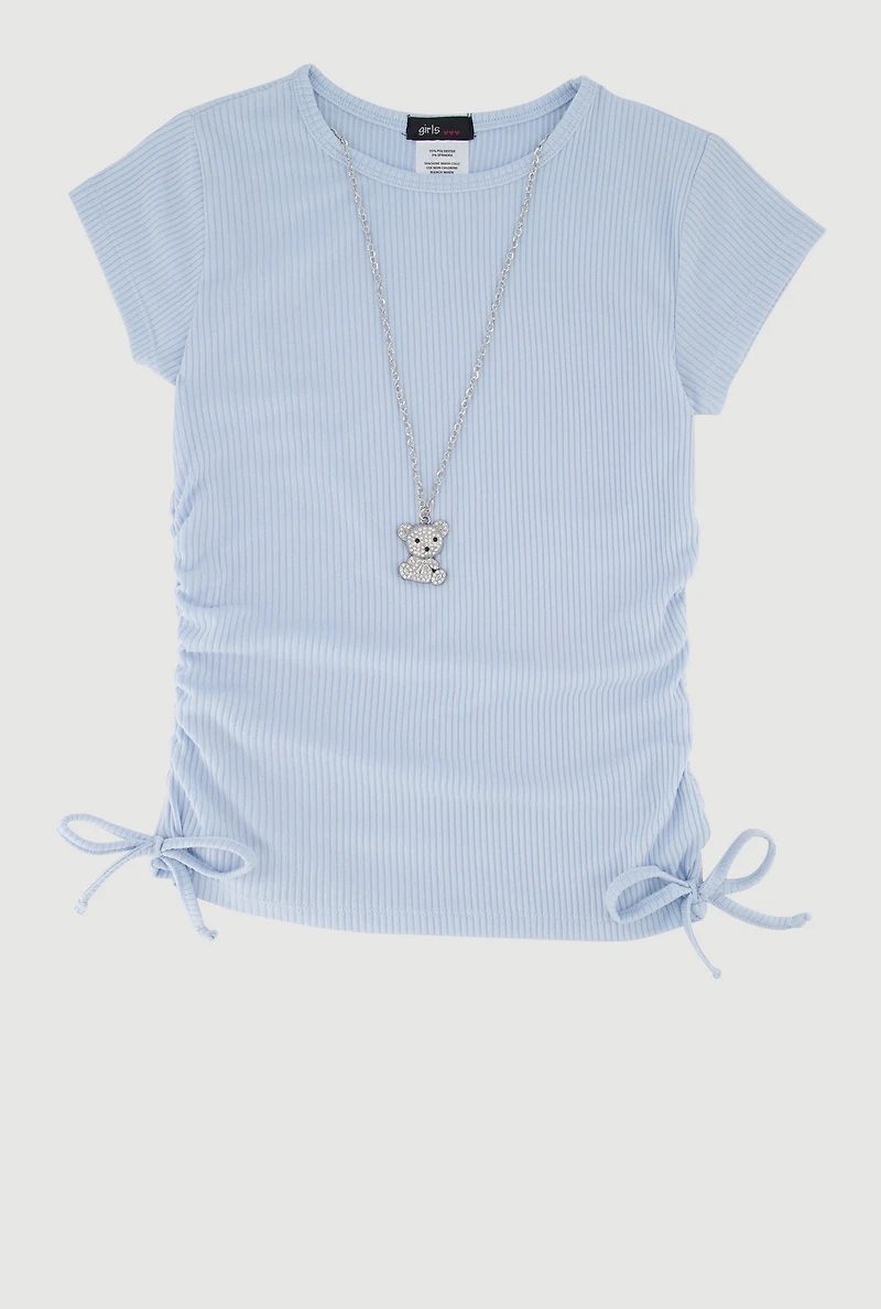 Girls Trendy Rib Knit Tee with Bear Chain Necklace, Blue,