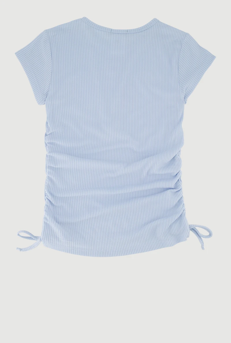 Girls Trendy Rib Knit Tee with Bear Chain Necklace, Blue,