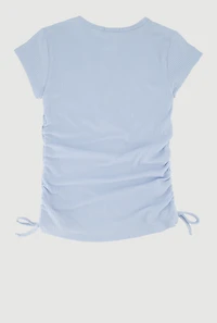 Girls Trendy Rib Knit Tee with Bear Chain Necklace, Blue,