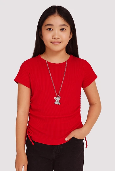 Girls Trendy Rib Knit Tee with Bear Chain Necklace,