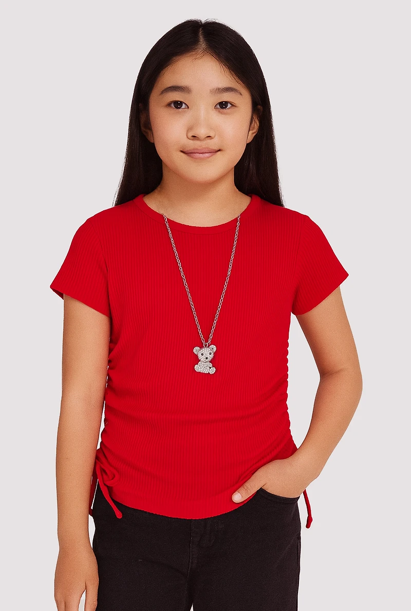 Girls Trendy Rib Knit Tee with Bear Chain Necklace, Red, Size 14-16