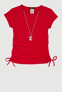 Girls Trendy Rib Knit Tee with Bear Chain Necklace, Red, Size 14-16