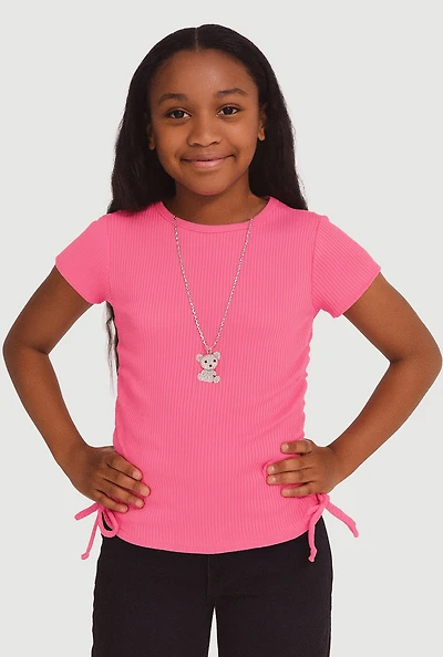 Girls Trendy Rib Knit Tee with Bear Chain Necklace,