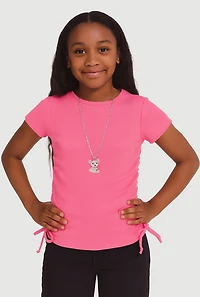 Girls Trendy Rib Knit Tee with Bear Chain Necklace, Pink, Size 7-8