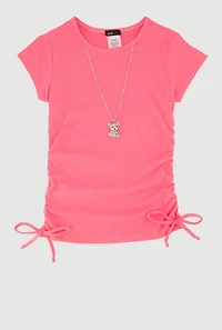 Girls Trendy Rib Knit Tee with Bear Chain Necklace,