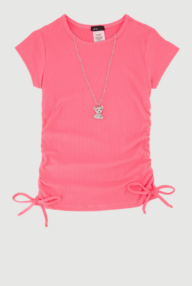 Girls Trendy Rib Knit Tee with Bear Chain Necklace, Pink, Size 7-8