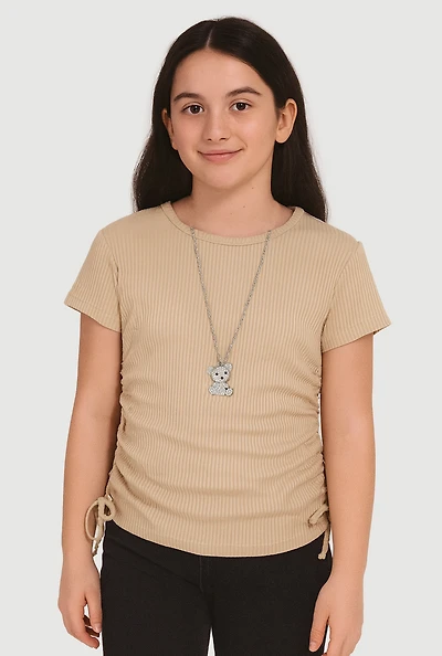 Girls Trendy Rib Knit Tee with Bear Chain Necklace