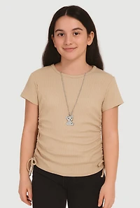 Girls Trendy Rib Knit Tee with Bear Chain Necklace