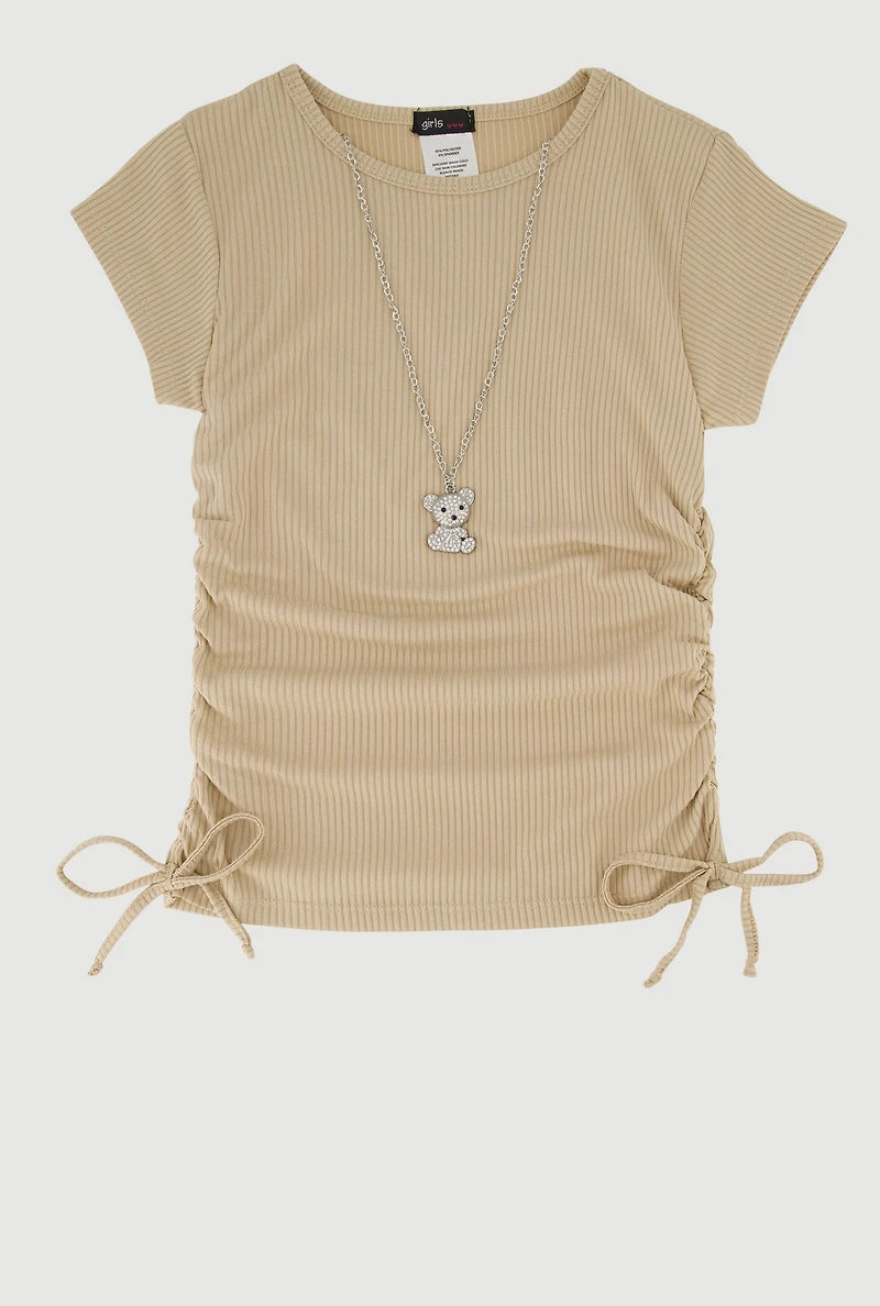 Girls Trendy Rib Knit Tee with Bear Chain Necklace