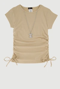 Girls Trendy Rib Knit Tee with Bear Chain Necklace, 7-8