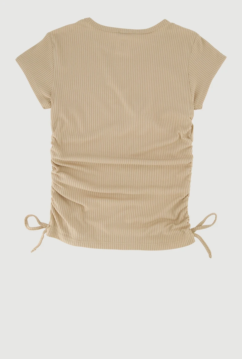 Girls Trendy Rib Knit Tee with Bear Chain Necklace, 7-8