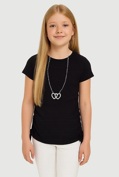 Girls Ribbed Knit Tee with Double Heart Rhinestone Necklace,