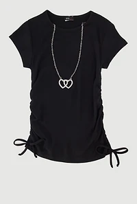 Girls Ribbed Knit Tee with Double Heart Rhinestone Necklace, Black, Size 7-8