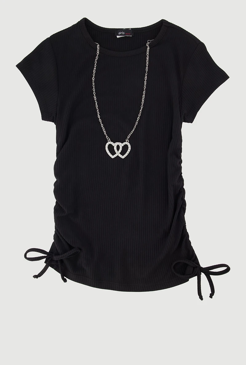 Girls Ribbed Knit Tee with Double Heart Rhinestone Necklace, Black, Size 10-12