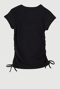 Girls Ribbed Knit Tee with Double Heart Rhinestone Necklace, Black, Size 7-8
