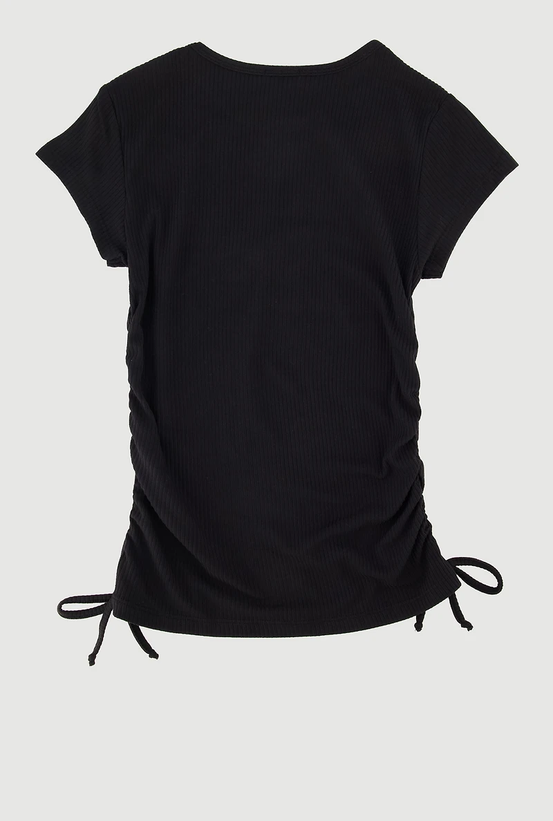 Girls Ribbed Knit Tee with Double Heart Rhinestone Necklace, Black, Size 10-12