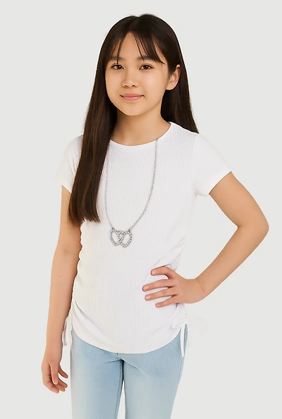 Girls Ribbed Knit Tee with Double Heart Rhinestone Necklace, White, Size 7-8