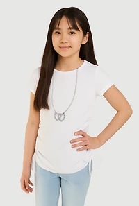 Girls Ribbed Knit Tee with Double Heart Rhinestone Necklace, White, Size 7-8