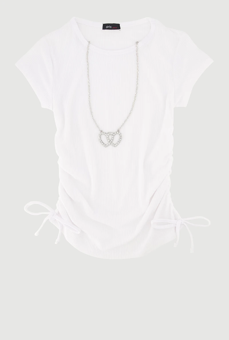 Girls Ribbed Knit Tee with Double Heart Rhinestone Necklace, White, Size 7-8