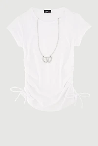 Girls Ribbed Knit Tee with Double Heart Rhinestone Necklace, White, Size 7-8