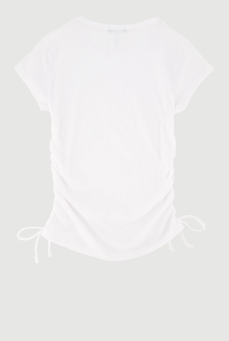 Girls Ribbed Knit Tee with Double Heart Rhinestone Necklace, White, Size 7-8