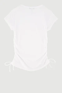 Girls Ribbed Knit Tee with Double Heart Rhinestone Necklace, White, Size 7-8