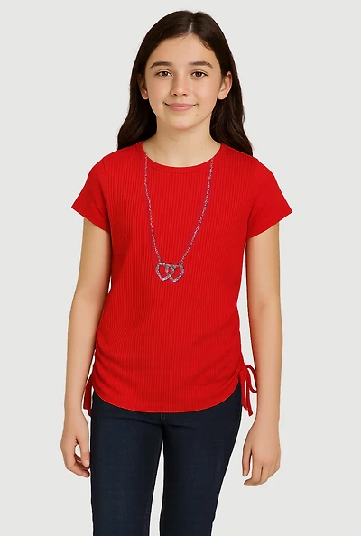 Girls Ribbed Knit Tee with Double Heart Rhinestone Necklace, Red, Size 10-12