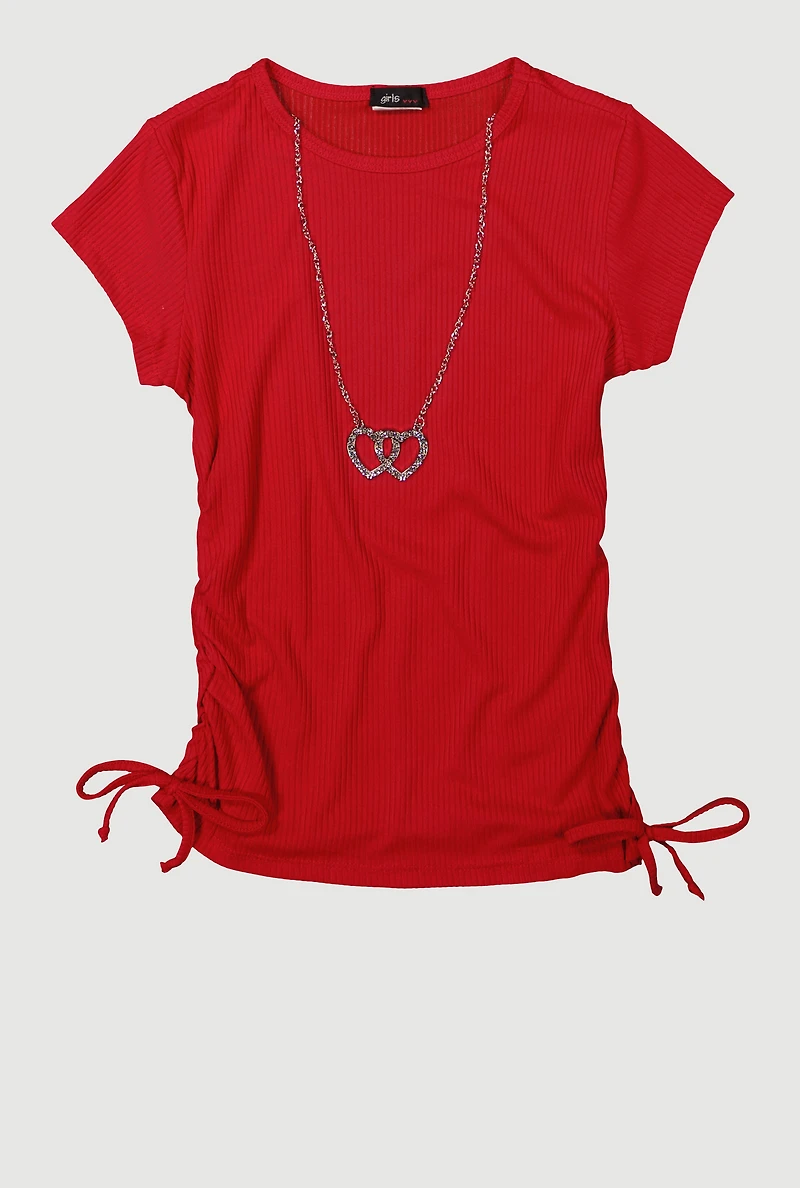 Girls Ribbed Knit Tee with Double Heart Rhinestone Necklace, 7-8