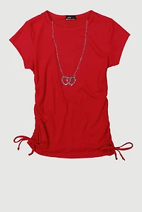 Girls Ribbed Knit Tee with Double Heart Rhinestone Necklace, 7-8