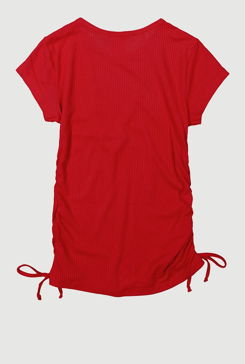 Girls Ribbed Knit Tee with Double Heart Rhinestone Necklace, 7-8