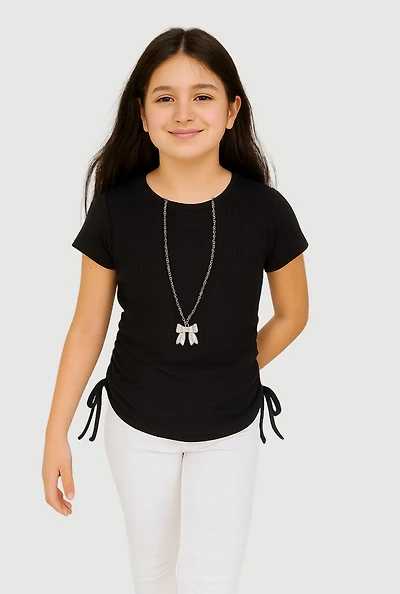 Girls Ribbed Knit Tee with Removable Rhinestone Bow Necklace, Black, Size 7-8