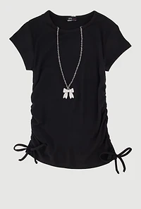 Girls Ribbed Knit Tee with Removable Rhinestone Bow Necklace, Black, Size 7-8