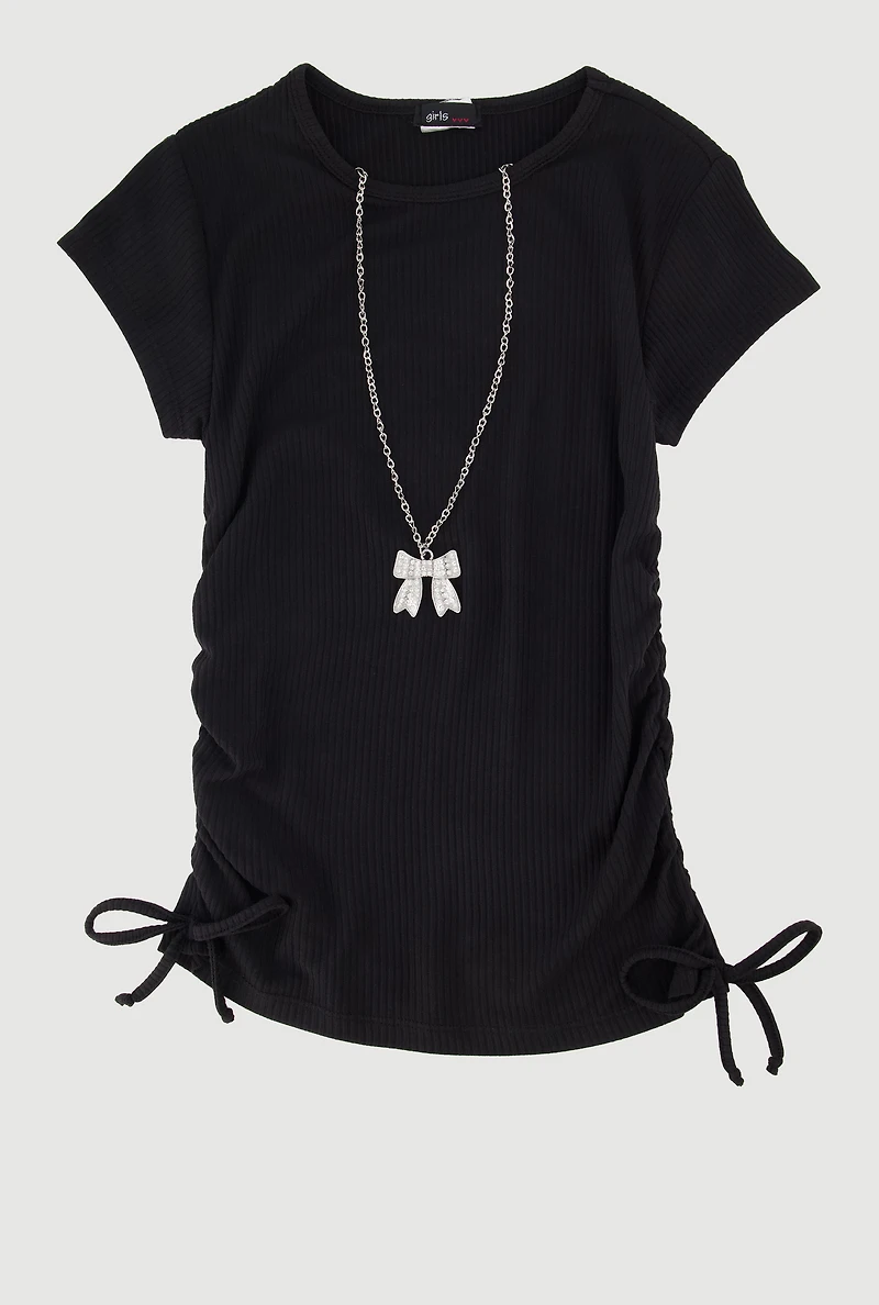 Girls Ribbed Knit Tee with Removable Rhinestone Bow Necklace, 10-12