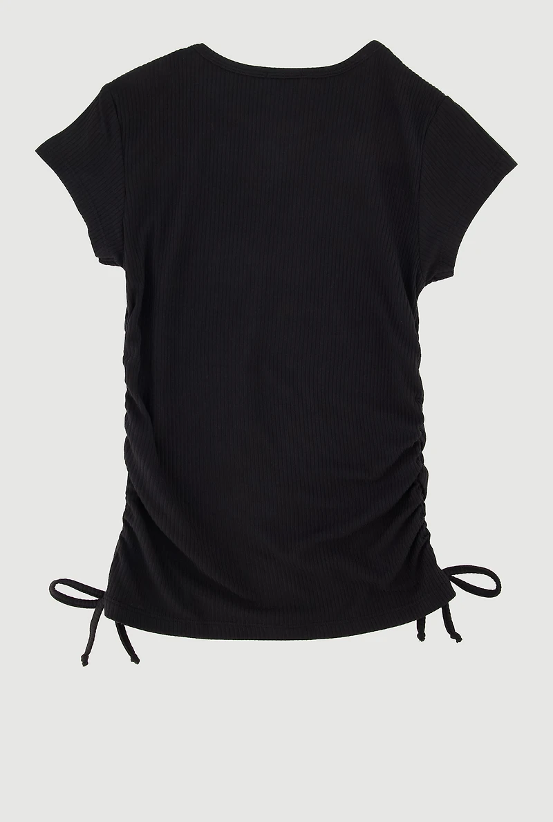 Girls Ribbed Knit Tee with Removable Rhinestone Bow Necklace, 10-12