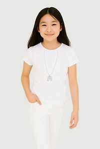 Girls Ribbed Knit Tee with Removable Rhinestone Bow Necklace, White,