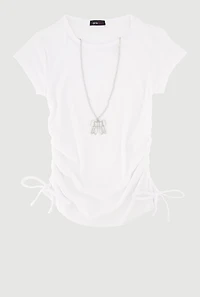 Girls Ribbed Knit Tee with Removable Rhinestone Bow Necklace, White, Size 10-12