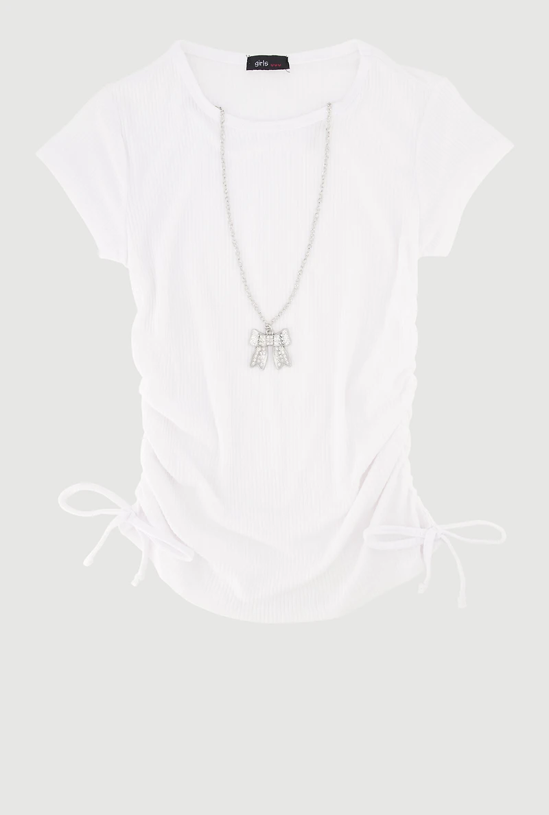Girls Ribbed Knit Tee with Removable Rhinestone Bow Necklace