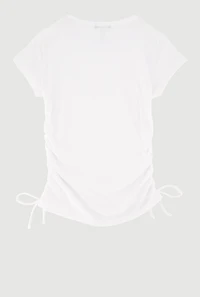 Girls Ribbed Knit Tee with Removable Rhinestone Bow Necklace, White, Size 10-12