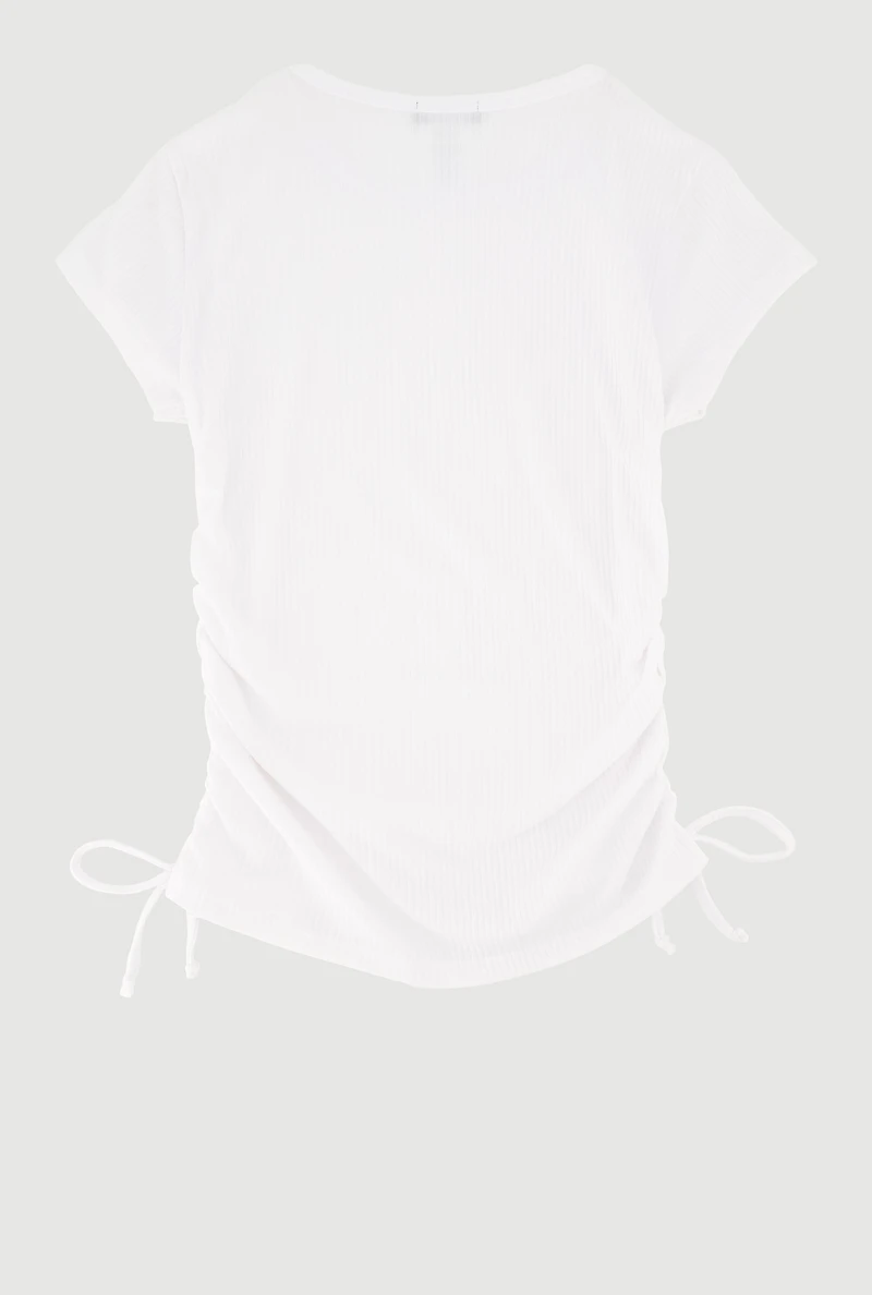 Girls Ribbed Knit Tee with Removable Rhinestone Bow Necklace, White,